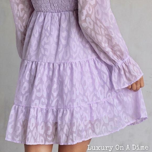 SOLD OUT at LUXONADIME.COM Leopard Dress Purple Sheer Long Sleeve Babydoll Mini - Picture 3 of 12